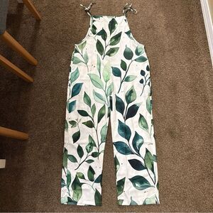 Casual Loose Bib Overalls Women's Size L Boho Leaf Print Pockets Lightweight